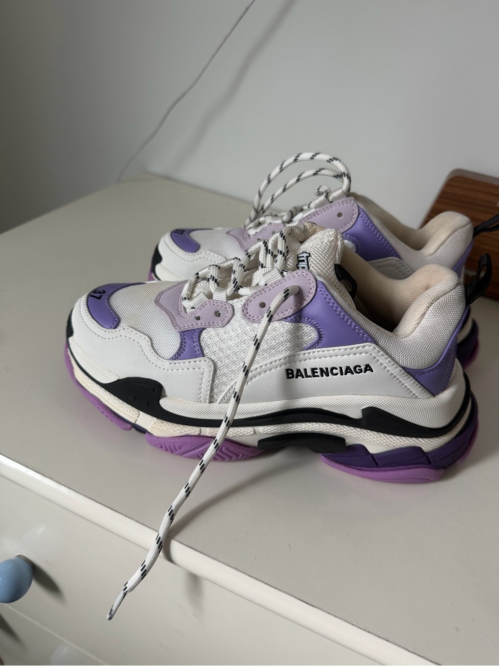 Balenciaga White & Lavender Triple S-Style Chunky Sneaker
